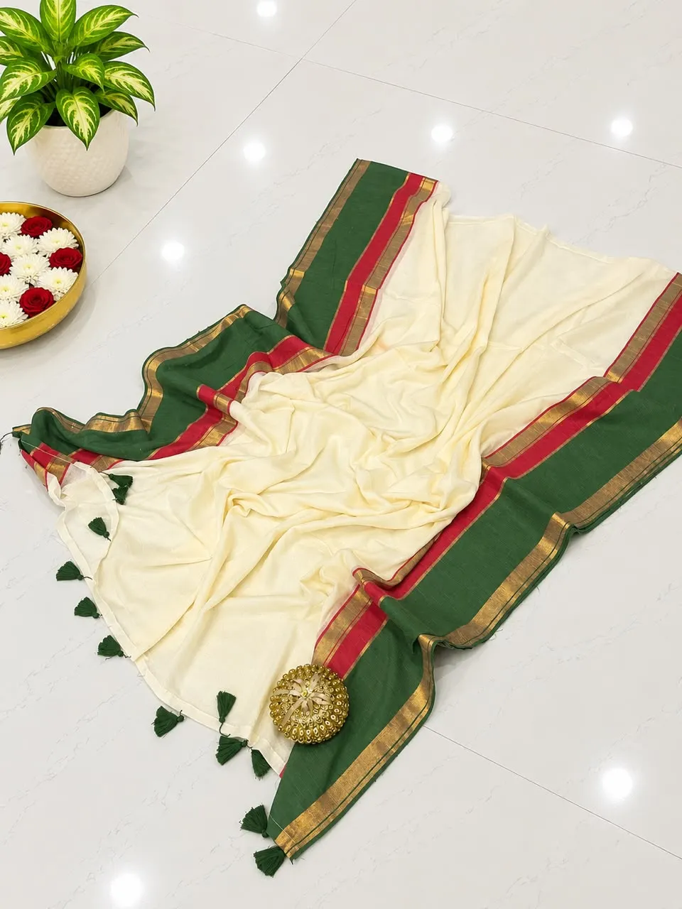 Cream Green Red Kerala Mull Cotton Saree